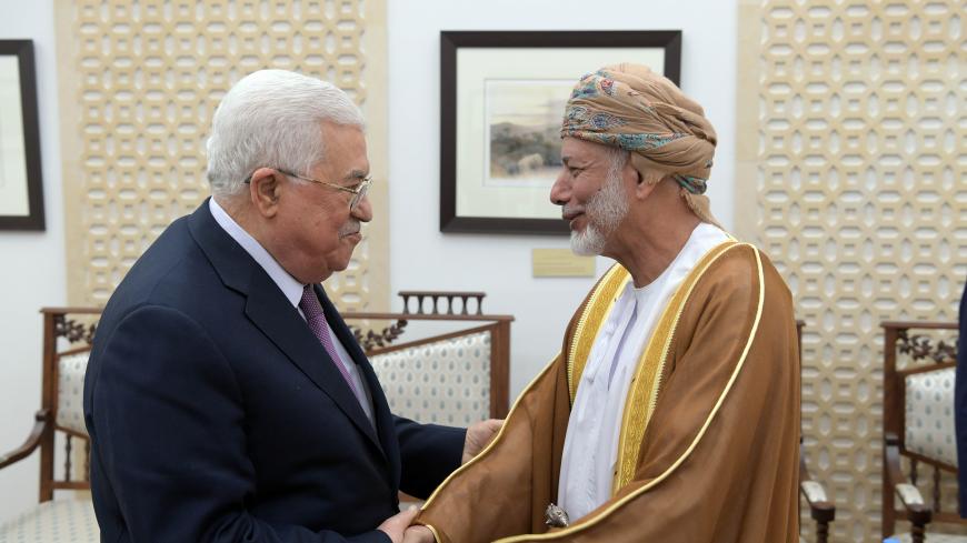 RAMALLAH, WEST BANK - OCTOBER 31: (----EDITORIAL USE ONLY  MANDATORY CREDIT - "PALESTINIAN PRESIDENCY / HANDOUT" - NO MARKETING NO ADVERTISING CAMPAIGNS - DISTRIBUTED AS A SERVICE TO CLIENTS----) Palestinian President Mahmoud Abbas (L) meets Omani Minister for Foreign Affairs, Yusuf bin Alawi (R) in Ramallah, West Bank on October 31, 2018. (Photo by PALESTINIAN PRESIDENCY / HANDOUT/Anadolu Agency/Getty Images)