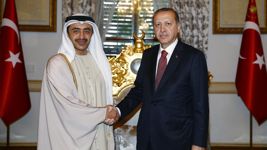 ISTANBUL, TURKEY - OCTOBER 17: Minister of Foreign Affairs and International Cooperation of the United Arab Emirates Abdullah bin Zayed Al Nahyan (L) meets Turkish President Recep Tayyip Erdogan (R) in Istanbul, Turkey on October 17, 2016. (Photo by Turkish Presidency / Yasin Bulbul/Anadolu Agency/Getty Images)