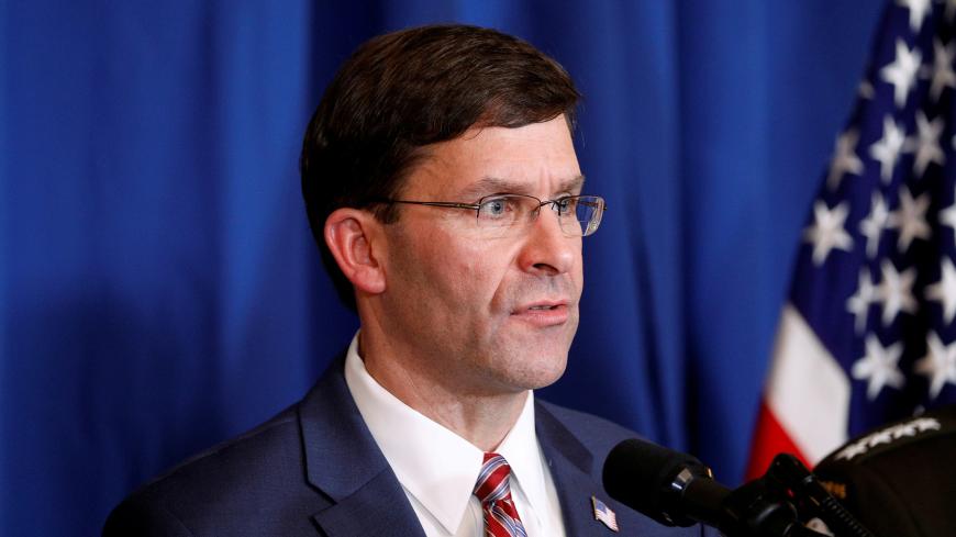 U.S. Defense Secretary Mark Esper speaks about airstrikes by the U.S. military in Iraq and Syria, at the Mar-a-Lago resort in Palm Beach, Florida, U.S., December 29, 2019.  REUTERS/Tom Brenner - RC2C5E95ZX9Q