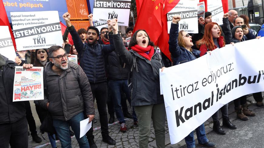 Demonstrators shout slogans during a prototest against a massive canal project in Istanbul, Turkey, December 27, 2019. REUTERS/Huseyin Aldemir - RC2Q3E9MEY9N
