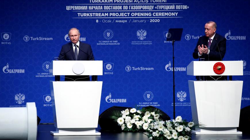 Turkish President Tayyip Erdogan and Russian President Vladimir Putin attend a ceremony marking the formal launch of the TurkStream pipeline which will carry Russian natural gas to southern Europe through Turkey, in Istanbul, Turkey, January 8, 2020. REUTERS/Umit Bektas - RC2QBE9PQR52