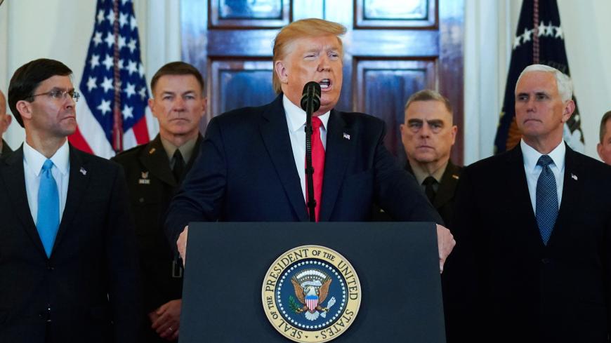 U.S. President Donald Trump delivers a statement about Iran flanked by U.S. Defense Secretary Mark Esper, Army Chief of Staff General James McConville, Chairman of the Joint Chiefs of Staff Army General Mark Milley and Vice President Mike Pence in the Grand Foyer at the White House in Washington, U.S., January 8, 2020. REUTERS/Kevin Lamarque - RC2TBE9UDOX3