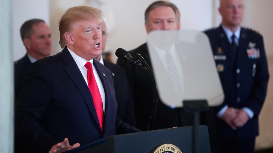 U.S. President Donald Trump delivers a statement on Iran's missile attacks on U.S.-led forces in Iraq, in the Grand Foyer at the White House in Washington, U.S., January 8, 2020. REUTERS/Jonathan Ernst - RC2TBE94VPE0