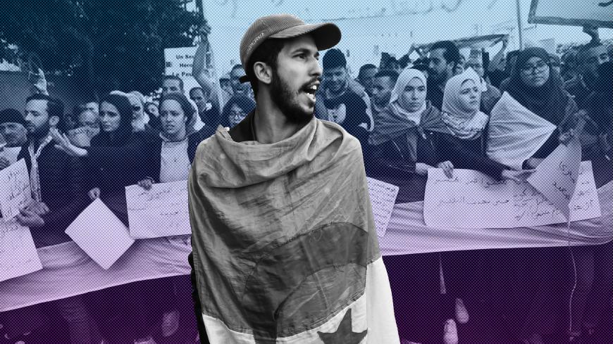 Algerian students and other protesters take part in an anti-government demonstration in the capital Algiers, on February 18, 2020. - Anti-government protesters were back on the street for the 56th consecutive tuesday, ahead of the 1 year anniversary of the "Hirak", a months-long unprecedented reform movement calling for ending a system in place since the country's independence from France in 1962. (Photo by RYAD KRAMDI / AFP) (Photo by RYAD KRAMDI/AFP via Getty Images)
