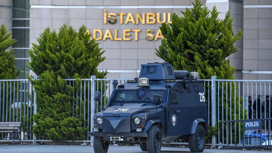 An armored Turkish police vehicle stands outside the courthouse in Istanbul on March 28, 2019, during the trial of Metin Topuz, an US consulate staffer accused of spying and attempting to overthrow the government. - Topuz, a Turkish citizen and liaison with the US Drug Enforcement Administration, was arrested in 2017 and has been accused of ties to US-based preacher Fethullah Gulen who Ankara says ordered a failed 2016 coup. (Photo by OZAN KOSE / AFP) (Photo credit should read OZAN KOSE/AFP via Getty