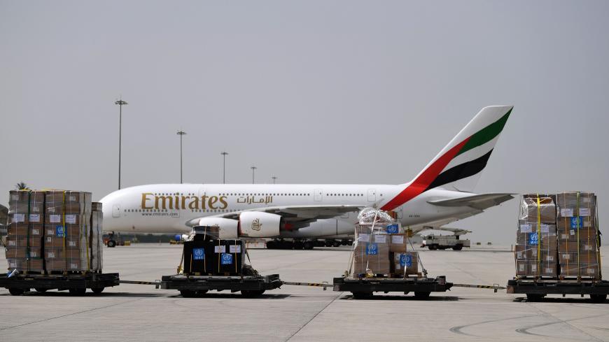 Tonnes of medical equipment and coronavirus testing kits provided bt the World Health Organisation are pictured at the al-Maktum International airport in Dubai on March 2, 2020 as it is prepared to be delivered to Iran with a United Arab Emirates military transport plane. (Photo by KARIM SAHIB / AFP) (Photo by KARIM SAHIB/AFP via Getty Images)
