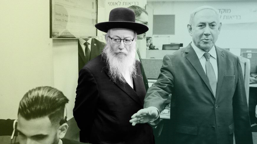 Israeli Prime Minister Benjamin Netanyahu delivers a speech, alongside Israeli Health Minister Yaakov Litzman (C), during a visit to the Corona virus outbreak central response unit at Israeli Ministry of Health in the Israeli city of Kiryat Malakhi on March 1, 2020. (Photo by GIL COHEN-MAGEN / AFP) (Photo by GIL COHEN-MAGEN/AFP via Getty Images)