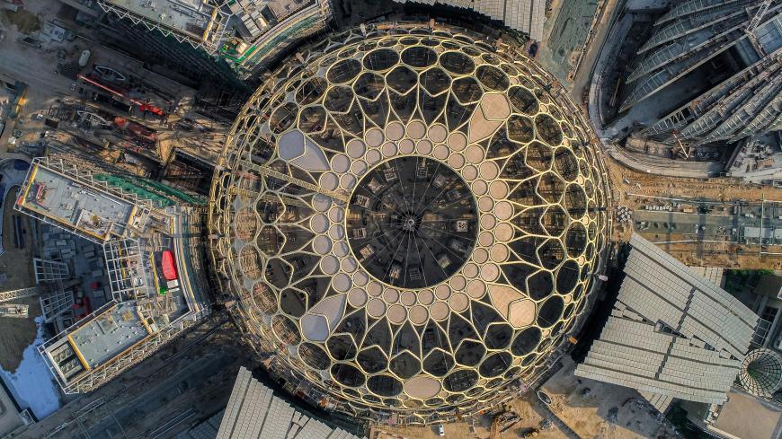 An aerial view taken after the recent crowning of Al Wasl dome shows the progress of construction at the Expo 2020 site in Dubai, United Arab Emirates, in this undated picture obtained September 19, 2019. Expo 2020/Handout via REUTERS ATTENTION EDITORS - THIS PICTURE WAS PROVIDED BY A THIRD PARTY. - RC18207C2AD0