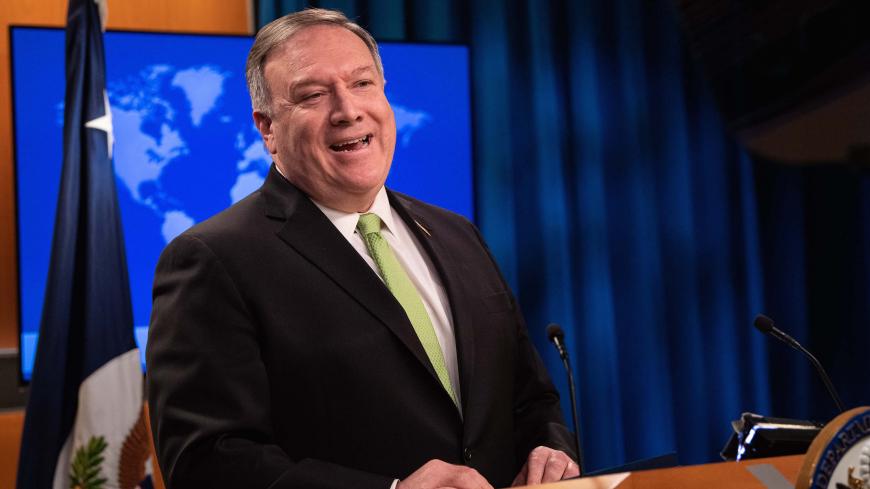 US Secretary of State Mike Pompeo speaks the press at the State Department in Washington, DC, on May 20, 2020. (Photo by NICHOLAS KAMM / POOL / AFP) (Photo by NICHOLAS KAMM/POOL/AFP via Getty Images)