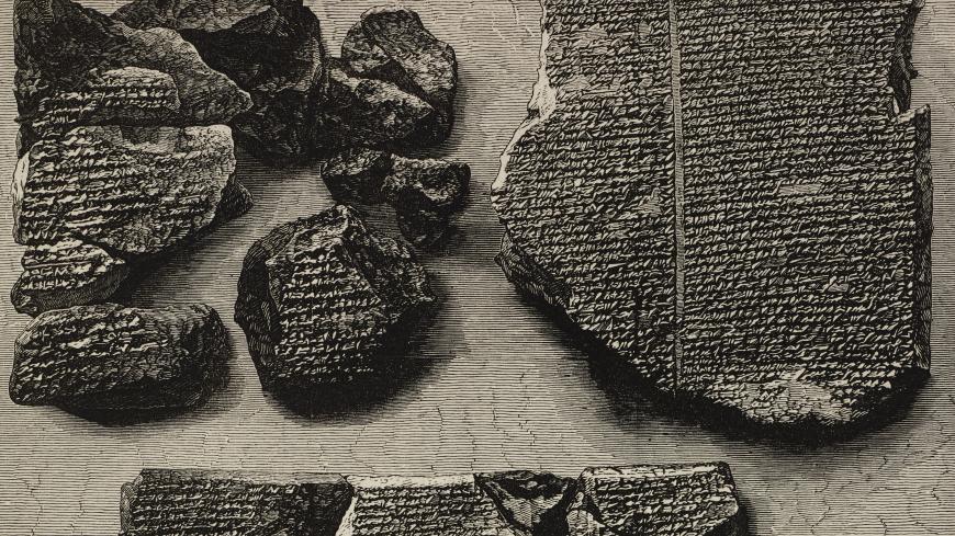 Inscribed stone, giving an account of the Great Flood, Epic of Gilgamesh tablet, from Nineveh, illustration from the magazine The Illustrated London News, volume LXIII, November 15, 1873.