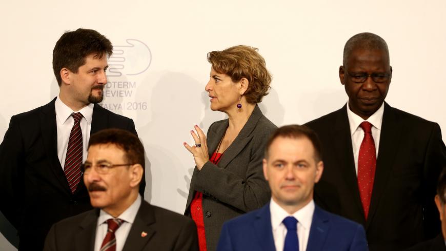 ANTALYA, TURKEY - MAY 27: Israel's charg√© d'affaires in Turkey, Amira Oron (C) poses for family photo during the Midterm Review of the Istanbul Programme of Action in Antalya, Turkey on May 27, 2016. The Midterm Review conference for the Istanbul Programme of Action for the Least Developed Countries takes place at Titanic Hotel in Antalya, Turkey from 27-29 May 2016. The conference will undertake a comprehensive review of the implementation of the Istanbul Programme of Action by the least developed countri