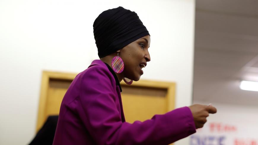 U.S. Representative Ilhan Omar (D-MN) greets campaign volunteers for Democratic 2020 U.S. presidential candidate and U.S. Senator Bernie Sanders in Des Moines, Iowa, U.S., January 31, 2020. REUTERS/Mike Segar - RC2ARE9735J8