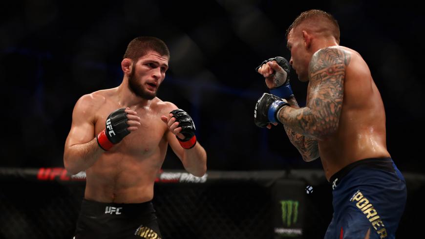 ABU DHABI, UNITED ARAB EMIRATES - SEPTEMBER 07: Khabib Nurmagomedov of Russia compete against Dustin Poirier of United States in their Lightweight Title Bout during the UFC 242 event at The Arena on September 07, 2019 in Abu Dhabi, United Arab Emirates. (Photo by Francois Nel/Getty Images)