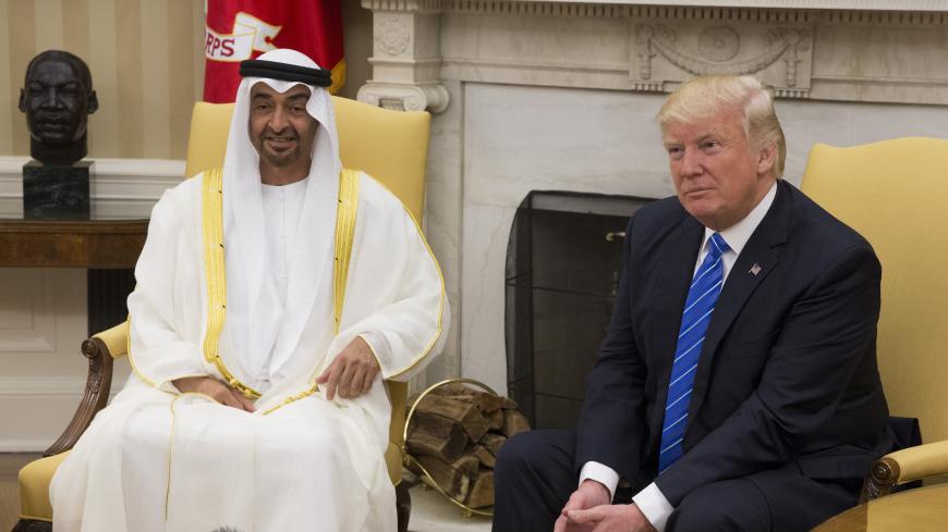 WASHINGTON, DC - MAY 15: (AFP-OUT) U.S. President Donald Trump welcomes Crown Prince Shaikh Mohammad bin Zayed Al Nahyan of Abu Dhabi in the Oval Office of the White House on May 15, 2017 in Washington, DC. Shaikh Mohammad is on a two-day visit to the U.S. (Photo by Chris Kleponis-Pool/Getty Images)