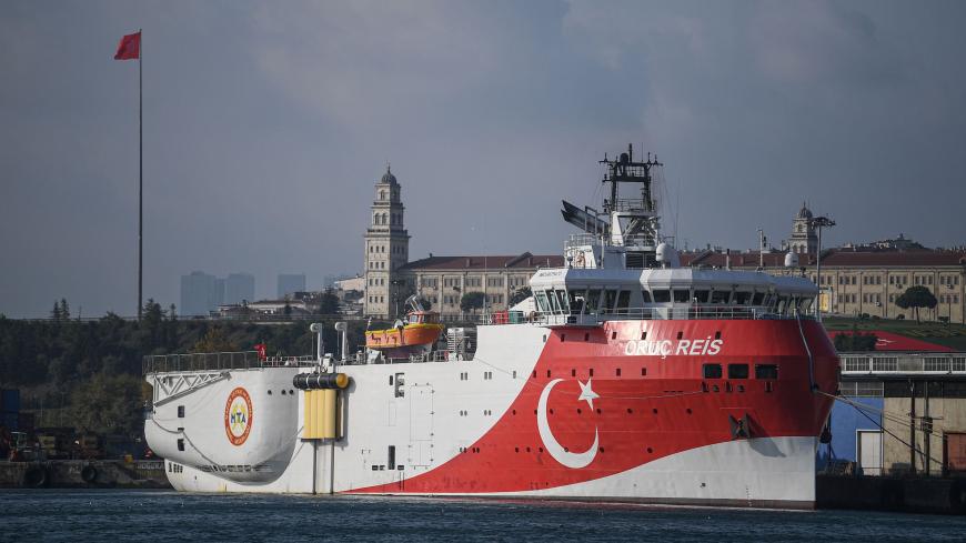 This picture taken on August 23, 2019 in Istanbul shows a view of Turkish General Directorate of Mineral research and Exploration's (MTA) Oruc Reis seismic research vessel docked at Haydarpasa port, which searches for hydrocarbon, oil, natural gas and coal reserves at sea. (Photo by Ozan KOSE / AFP)        (Photo credit should read OZAN KOSE/AFP via Getty Images)