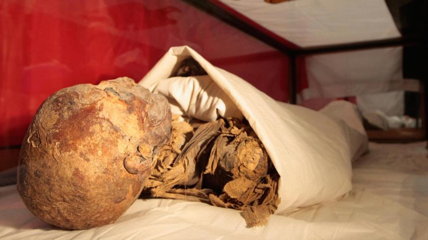 Cairo, EGYPT: The mummified remains of Queen Hatshepsut, ancient Egypt's most famous female pharaoh, lie in a glass case under the national flag moments before being unveiled at the Cairo Museum 27 June 2007. The discovery is considered as the most important find since the discovery of King Tutankhamen?s tomb. Hatshepsut, who ruled for 21 years from 1479 to 1458 BC, was one of the most powerful female monarchs of the ancient world, who declared herself pharaoh after the death of her husband-brother Tuthmosi