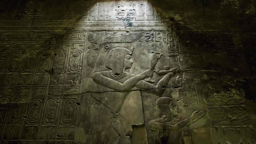 This picture taken on April 5, 2019 shows a view of hieroglyphic inscriptions and relief on a wall of the the New Kingdom period (16th-11th centuries BC) Temple of Seti I, at the archaeological site of Abydos near Egypt's southern city of Sohag, about 540 kilometres from the capital Cairo. (Photo by Khaled DESOUKI / AFP) (Photo credit should read KHALED DESOUKI/AFP via Getty Images)