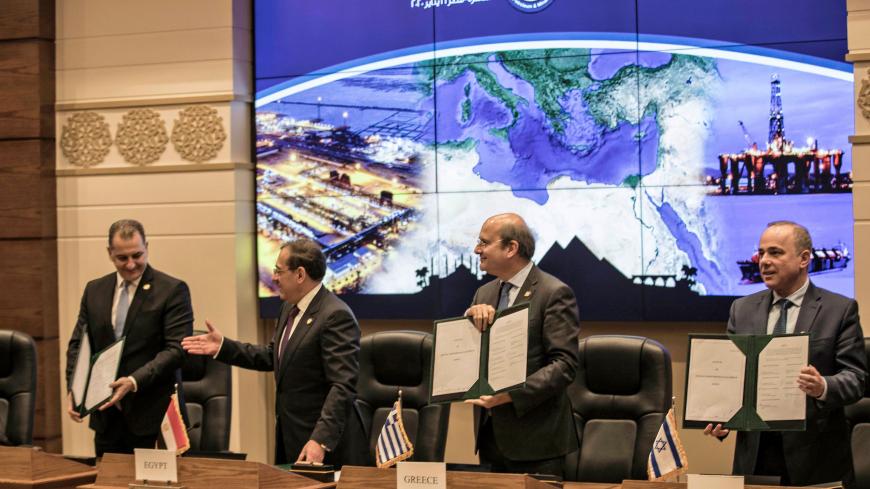Israeli Energy Minister Yuval Steinitz (R), Greece's Energy Minister Kostis Hatzidakis (2nd-R), Egyptian Minister of Petroleum Tarek el-Molla (2nd-L) and Cypriot Energy Minister Yiorgos Lakkotrypis (L) attend the East Mediterranean Gas Forum (EMGF), in Cairo, on January 16, 2020. - Israel began pumping natural gas to Egypt for the first time yesterday under a $15 billion, 15-year deal to liquefy it and re-export it to Europe. It is the first time that Egypt, which in 1979 became the first Arab country to si