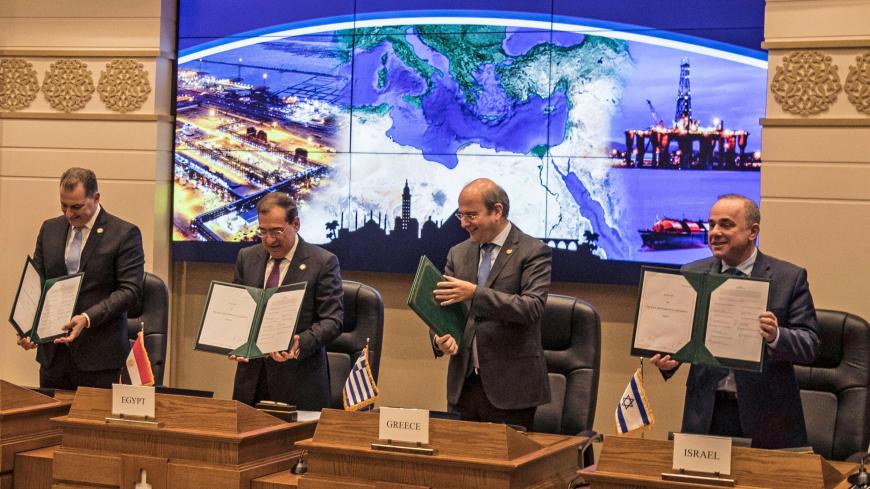 Israeli Energy Minister Yuval Steinitz (R), Greece's Energy Minister Kostis Hatzidakis (2nd-R), Egyptian Minister of Petroleum Tarek el-Molla (2nd-L) and Cypriot Energy Minister Yiorgos Lakkotrypis (L) attend the East Mediterranean Gas Forum (EMGF), in Cairo, on January 16, 2020. - Israel began pumping natural gas to Egypt for the first time yesterday under a $15 billion, 15-year deal to liquefy it and re-export it to Europe. It is the first time that Egypt, which in 1979 became the first Arab country to si