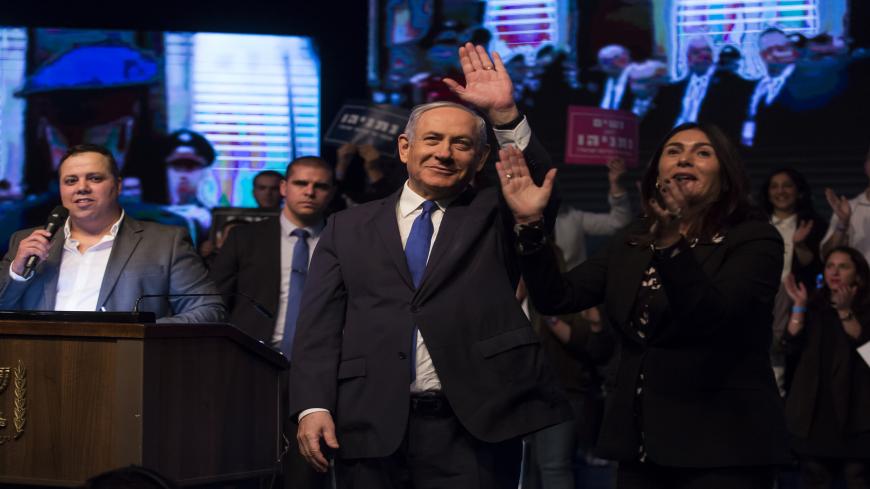 RAMAT GAN, ISRAEL - FEBRUARY 29: Israeli Prime Minister, Benjamin Netanyahu, greets supporters at Likud Party election rally on February 29, 2020 in Ramat Gan, Israel. In two days Israelis will head to the polls for the third time in less than a year. (Photo by Amir Levy/Getty Images)