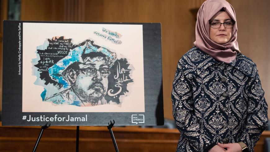 Hatice Cengiz, slain Washington Post columnist Jamal Khashoggi's fiancee, attends a press conference calling for the Trump administration to release details about his killing, on Capitol Hill in Washington, DC, March 3, 2020. - US lawmakers vowed Tuesday to force the release of an intelligence report on the killing of Saudi dissident writer Jamal Khashoggi, accusing President Donald Trump of blocking it to protect the kingdom. (Photo by SAUL LOEB / AFP) (Photo by SAUL LOEB/AFP via Getty Images)