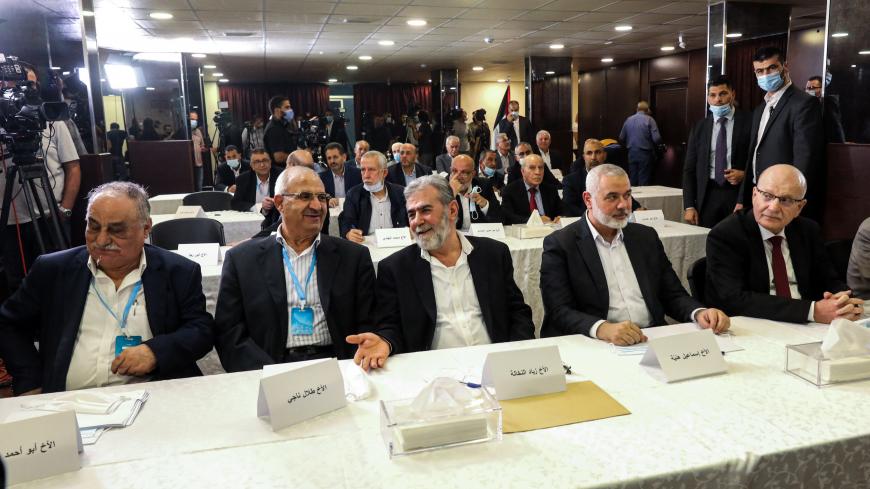 (L to R) Deputy Secretary-General of the Popular Front for the Liberation of Palestine (PFLP) Abu Ahmad Fuad, Assistant Secretary-General of the Popular Front for the Liberation of Palestine-General Command (PFLP-GC) Talal Naji, Secretary-General of the Islamic Jihad Movement in Palestine Ziad al-Nakhala, Hamas chief Ismail Haniyeh, and Deputy Secretary-General of the Democratic Front for the Liberation of Palestine (DFLP) Fahd Suleiman attend a meeting with representatives of other Palestinian factions at 
