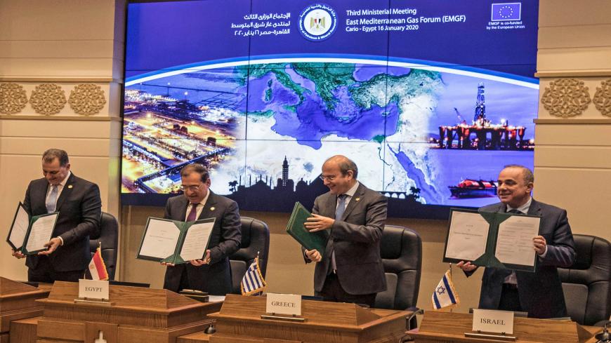 Israeli Energy Minister Yuval Steinitz (R), Greece's Energy Minister Kostis Hatzidakis (2nd-R), Egyptian Minister of Petroleum Tarek el-Molla (2nd-L) and Cypriot Energy Minister Yiorgos Lakkotrypis (L) attend the East Mediterranean Gas Forum (EMGF), in Cairo, on January 16, 2020. - Israel began pumping natural gas to Egypt for the first time yesterday under a $15 billion, 15-year deal to liquefy it and re-export it to Europe. It is the first time that Egypt, which in 1979 became the first Arab country to si