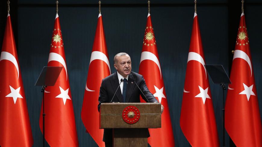 Turkish President Recep Tayyip Erdogan holds a press conference following the weekly cabinet meeting at the Presidential Complex in Ankara on August 24, 2020. (Photo by Adem ALTAN / AFP) (Photo by ADEM ALTAN/AFP via Getty Images)