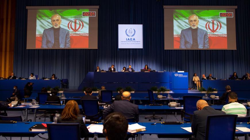Iran's Atomic Energy Vice-President Ali Akbar Salehi, is seen speaking on a screen as he attends virtually the 64th General Conference of the International Atomic Energy Agency (IAEA) at its headquarters in Vienna, Austria on September 21, 2020. (Photo by JOE KLAMAR / AFP) / The erroneous mention[s] appearing in the metadata of this photo by JOE KLAMAR has been modified in AFP systems in the following manner: [Ali Akbar Salehi] instead of [Zarif]. Please immediately remove the erroneous mention[s] from all 
