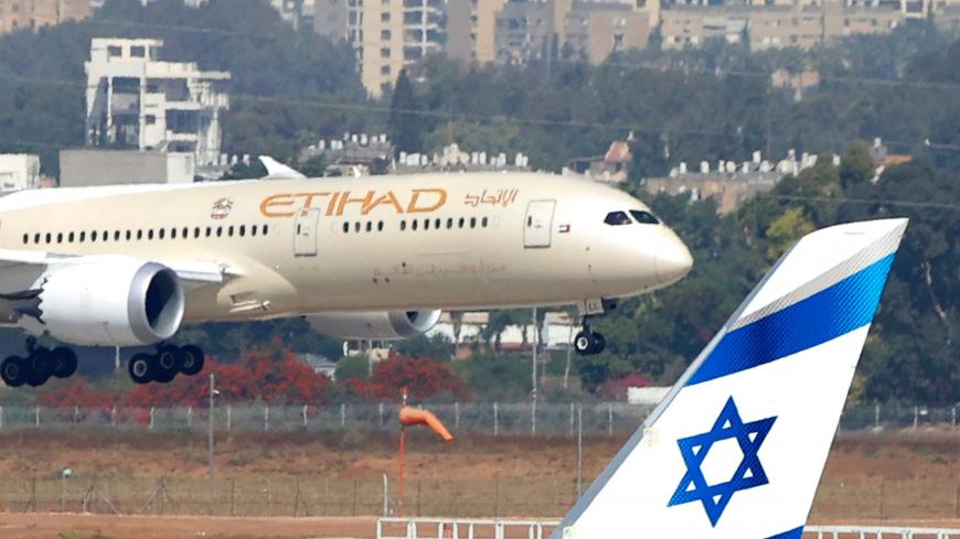 An Etihad Airways plane carrying a delegation from the United Arab Emirates (UAE) on a first official visit, lands at at Israel's Ben Gurion Airport near Tel Aviv, on October 20, 2020. - The UAE delegation left on the country's first official visit to Israel with a string of deals set to be signed after the two countries signed a deal to normalise ties last month. (Photo by JACK GUEZ / AFP) (Photo by JACK GUEZ/AFP via Getty Images)