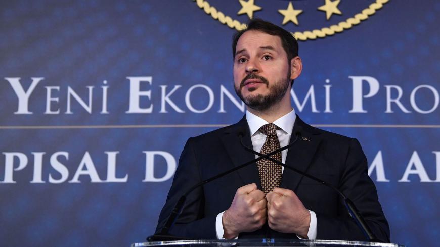 Turkish Treasury and Finance Minister Berat Albayrak addresses a press conference to announce his new economic policy and reforms in Istanbul on April 10, 2019. (Photo by OZAN KOSE / AFP) (Photo credit should read OZAN KOSE/AFP via Getty Images)