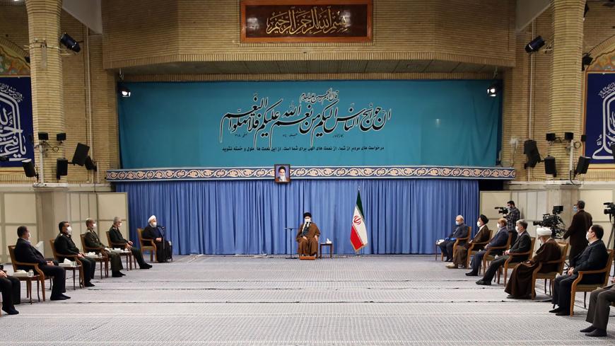 A handout picture provided by the office of Iran's Supreme Leader Ayatollah Ali Khamenei on October 24, 2020, shows him wearing a protective face mask as he gives a speech in the capital Tehran during a meeting of the national staff to discuss the issue of the novel coronavirus pandemic crisis. (Photo by - / KHAMENEI.IR / AFP) / XGTY / === RESTRICTED TO EDITORIAL USE - MANDATORY CREDIT "AFP PHOTO / HO / KHAMENEI.IR" - NO MARKETING NO ADVERTISING CAMPAIGNS - DISTRIBUTED AS A SERVICE TO CLIENTS === (Photo by 