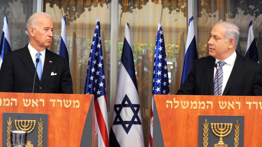 JERUSALEM, ISRAEL - MARCH 09:  In this handout image from the Israeli Government Press Office, L - R US Vice President Joe Biden and Israeli Prime Minister Benjamin Netanyahu make statements to the press on March 9, 2010 in Jerusalem, Israel. The American Vice-President is in the Middel East to meet Israeli leaders including Peres and Israeli Prime Minister Benjamin Netanyahu before travelling to Jordan on Thursday.  (Photo by Avi Ohayon - GPO via Getty Images)