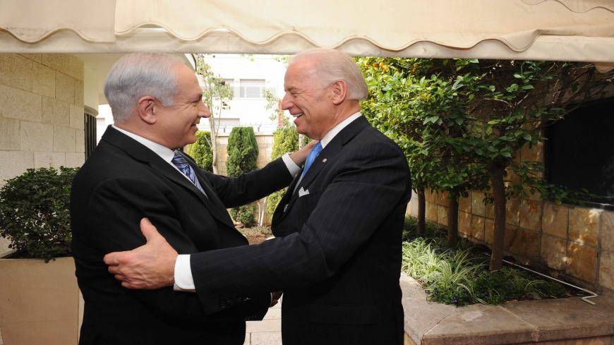 JERUSALEM, ISRAEL - MARCH 09: In this handout image from the Israeli Government Press Office, L - R Israeli Prime Minister Benjamin Netanyah greets US Vice President Joe Biden on March 9, 2010 in Jerusalem, Israel. The American Vice-President is in the Middel East to meet Israeli leaders including Peres and Israeli Prime Minister Benjamin Netanyahu before travelling to Jordan on Thursday. (Photo by Avi Ohayon - GPO via Getty Images)