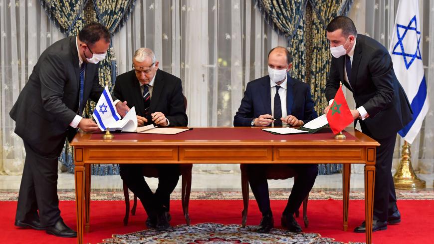 TOPSHOT - Director General of Israel's Population and Immigration Agency Shlomo Mor-Yosef (L) and Minister Delegate to Morocco's Minister for Foreign Affairs Mohcine Jazouli sign an agreement at the Royal Palace in the Moroccan capital Rabat on December 22, 2020, on the first Israel-Morocco direct commercial flight, marking the latest US-brokered diplomatic normalisation deal between the Jewish state and an Arab country. (Photo by FADEL SENNA / AFP) (Photo by FADEL SENNA/AFP via Getty Images)