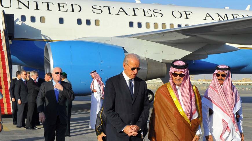Saudi Foreign Minister Prince Saud al-Faisal  (2nd R) welcomes US Vice President Joe Biden (C) at the Riyadh airbase on October 27, 2011, upon his arrival in the Saudi capital with a US official delegation to offer condolences to the King Abdullah bin Abdul Aziz following the death of his brother, Crown Prince Sultan.  AFP PHOTO/STR (Photo credit should read -/AFP via Getty Images)