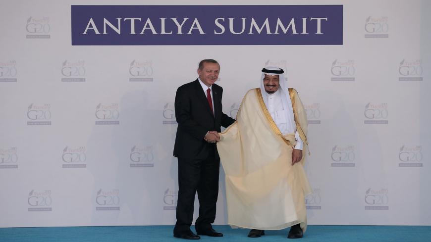 ANTALYA, TURKEY - NOVEMBER 15: Turkish President Recep Tayyip Erdogan (L) greets Saudi Arabia's King Salman bin Abdulaziz during the official welcome ceremony on day one of the G20 Turkey Leaders Summit on November 15, 2015 in Antalya, Turkey. World leaders will use the summit to discuss issues including, climate change, the global economy, the refugee crisis and terrorism. The two day summit takes place in the wake of the massive terrorist attack in Paris which killed more than 120 people. (Photo by Chri