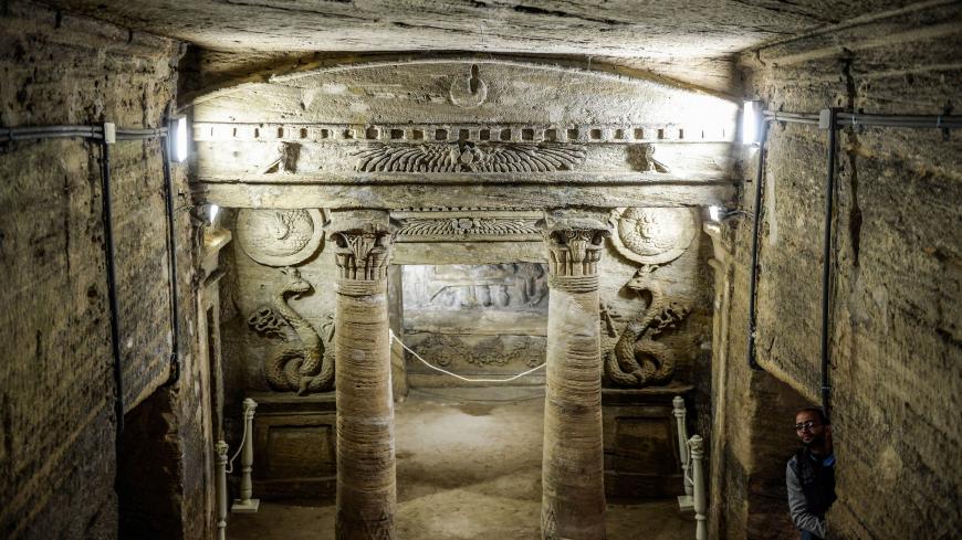 This picture taken on March 3, 2019 shows a view from inside the catacombs of Kom El-Shoqafa (Mound of Shards), dating to the Roman period (1st-4th centuries AD) in the centre of the Egyptian Mediterranean coastal city of Alexandria, during the inauguration of a project to drain groundwater from the archaeological site. (Photo by Mohamed el-Shahed / AFP)        (Photo credit should read MOHAMED EL-SHAHED/AFP via Getty Images)