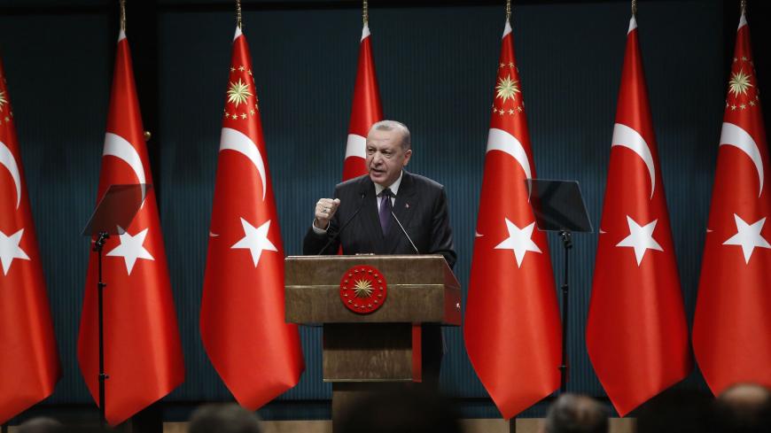 President of Turkey Recep Tayyip Erdogan makes a statement after chairing the cabinet meeting in Ankara, on December 14, 2020. (Photo by Adem ALTAN / AFP) (Photo by ADEM ALTAN/AFP via Getty Images)