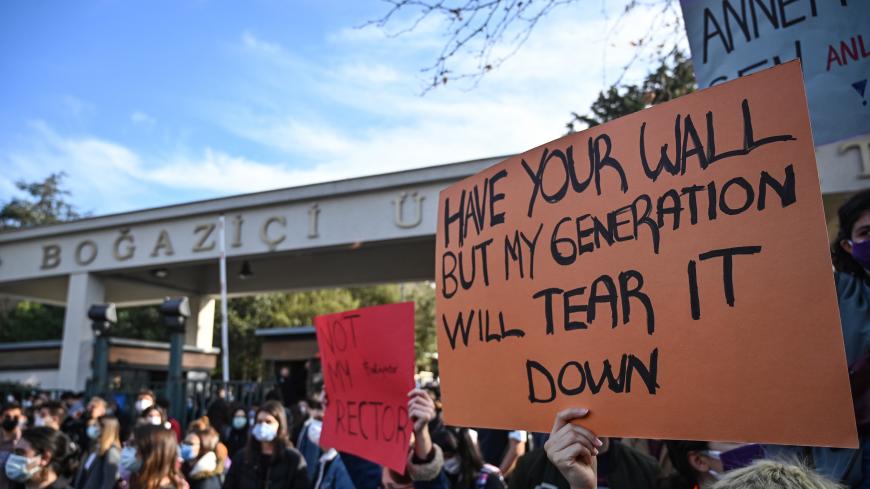 Students demonstrate against the direct appointment Bogazici university's new rector by Turkish President, on January 4, 2021 in front of the University in Istanbul. (Photo by Ozan KOSE / AFP) (Photo by OZAN KOSE/AFP via Getty Images)