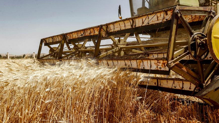 A combine harvests wheat in a field in the countryside of al-Kaswa, south of Syria's capital Damascus, on June 18, 2020. - Heavy rain and reduced violence provided a relief to Syrian farmers with a good harvest this year, as a tanking economy leaves millions hungry across his war-torn country. Prior to the outbreak of the conflict in 2011, Syria produced more than 4.1 million tonnes of wheat, enough to feed its entire population. But production plunged to record lows during the war, boosting reliance on imp