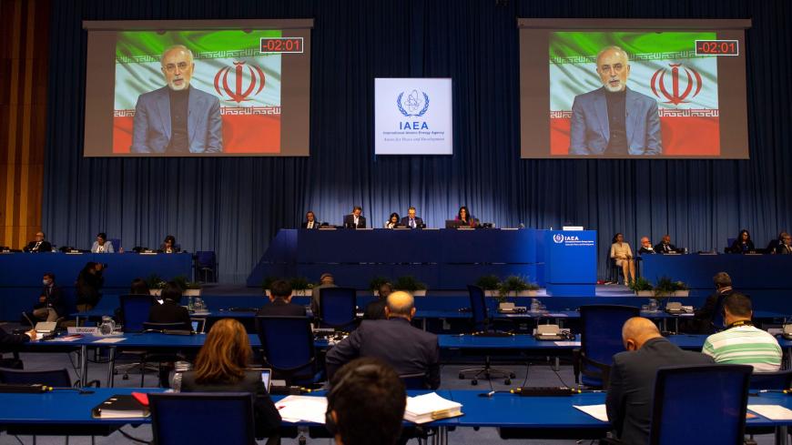 Iran's Atomic Energy Vice-President Ali Akbar Salehi, is seen speaking on a screen as he attends virtually the 64th General Conference of the International Atomic Energy Agency (IAEA) at its headquarters in Vienna, Austria on September 21, 2020. (Photo by JOE KLAMAR / AFP) / The erroneous mention[s] appearing in the metadata of this photo by JOE KLAMAR has been modified in AFP systems in the following manner: [Ali Akbar Salehi] instead of [Zarif]. Please immediately remove the erroneous mention[s] from all 