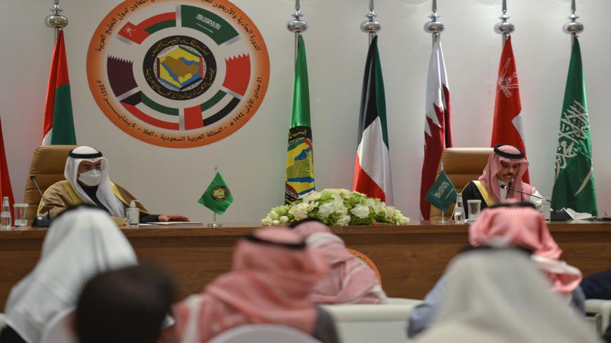 Saudi Foreign Minister Faisal bin Farhan al-Saud (R) and Secretray General of the Gulf Cooperation Council Nayef bin Falah Al-Hajraf, hold a press conferece at the end of the GCC's 41st summit, in the city of al-Ula in northwestern Saudi Arabia on January 5, 2021. - Gulf leaders signed a "solidarity and stability" deal after the leaders of Saudi Arabia and Qatar publicly embraced, bringing Doha back into the regional fold after a three-year rift. (Photo by FAYEZ NURELDINE / AFP) (Photo by FAYEZ NURELDINE/AF