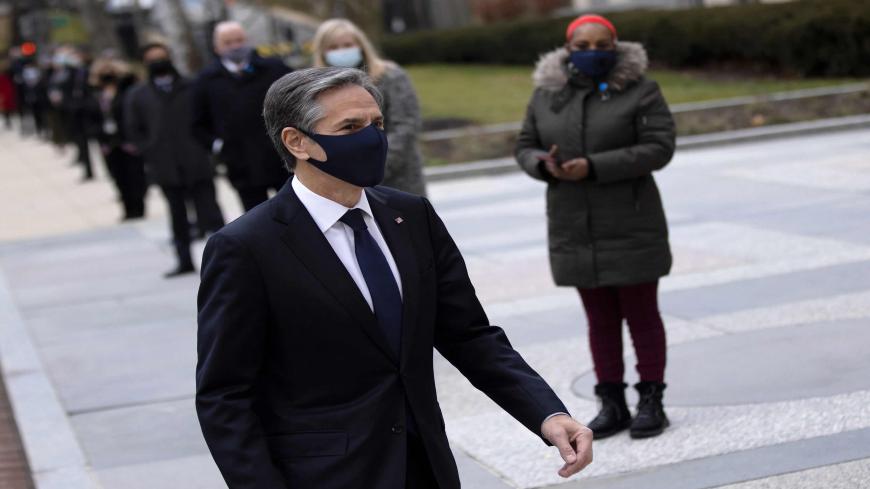 Newly confirmed US Secretary of State Antony Blinken arrives for a welcome ceremony at the State Department in Washington,DC on January 27, 2021. (Photo by CARLOS BARRIA / POOL / AFP) (Photo by CARLOS BARRIA/POOL/AFP via Getty Images)