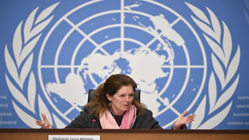 Deputy Special Representative of the UN Secretary-General for Political Affairs in Libya Stephanie Williams gestures as she speaks during a press conference in Geneva on February 5, 2021, following the election of a new interim government for Libya during the Libyan Political Dialogue Forum. - Libyan delegates at UN-led talks outside Geneva made the surprise choice of Abdul Hamid Dbeibah as prime minister of a transitional unity government to take the war-ravaged country through to elections in December. (P