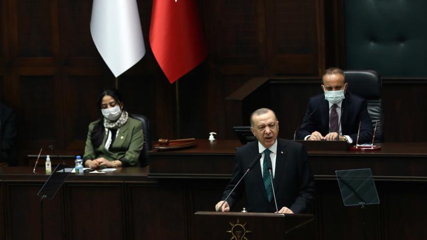 Turkish President and leader of the Justice and Development Party (AK Party) Recep Tayyip Erdogan speaks during his party's group meeting at the Turkish Grand National Assembly in Ankara on February 10, 2021. (Photo by Adem ALTAN / AFP) (Photo by ADEM ALTAN/AFP via Getty Images)