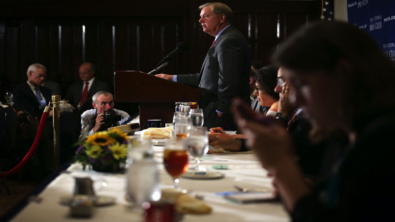 Republican Presidential hopeful and US Senator Lindsey Graham (R-SC) addresses a Newsmaker Luncheon at the National Press Club on Sept. 8, 2015, in Washington, DC. Senator Graham spoke on the Iran nuclear agreement. 