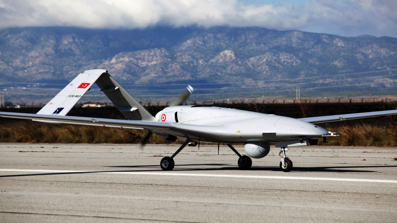 The Turkish-made Bayraktar TB2 drone is pictured on Dec. 16, 2019, at the Gecitkale military air base near Famagusta in the self-proclaimed Turkish Republic of Northern Cyprus.