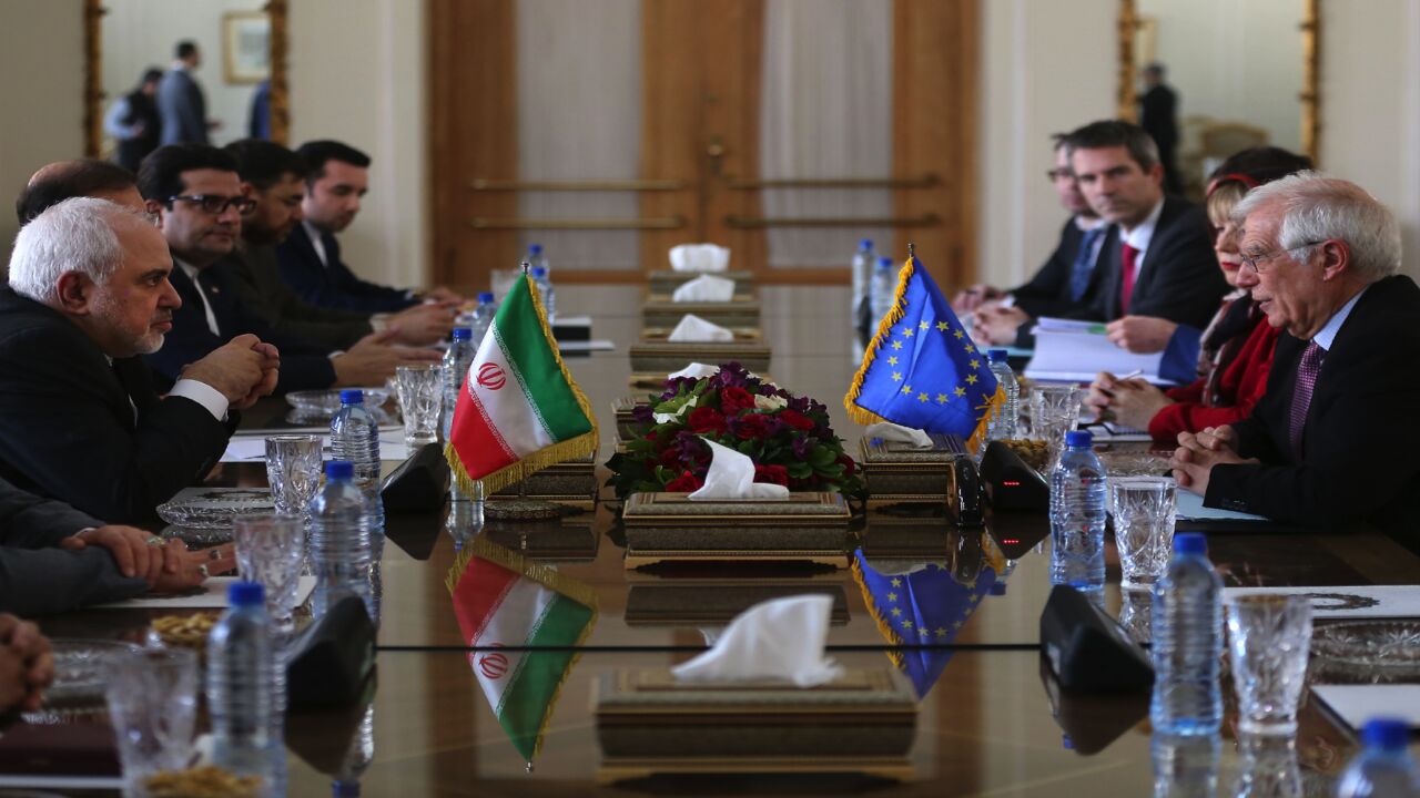Iran's Foreign Minister Mohammad Javad Zarif (L) meets with European Union High Representative for Foreign Affairs and Security Policy Josep Borrell (R) in the capital, Tehran, on Feb. 3, 2020. 