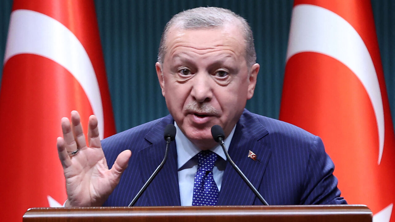 Turkish President Recep Tayyip Erdogan delivers a speech following an evaluation meeting at the Presidential Complex in Ankara on April 5, 2021.